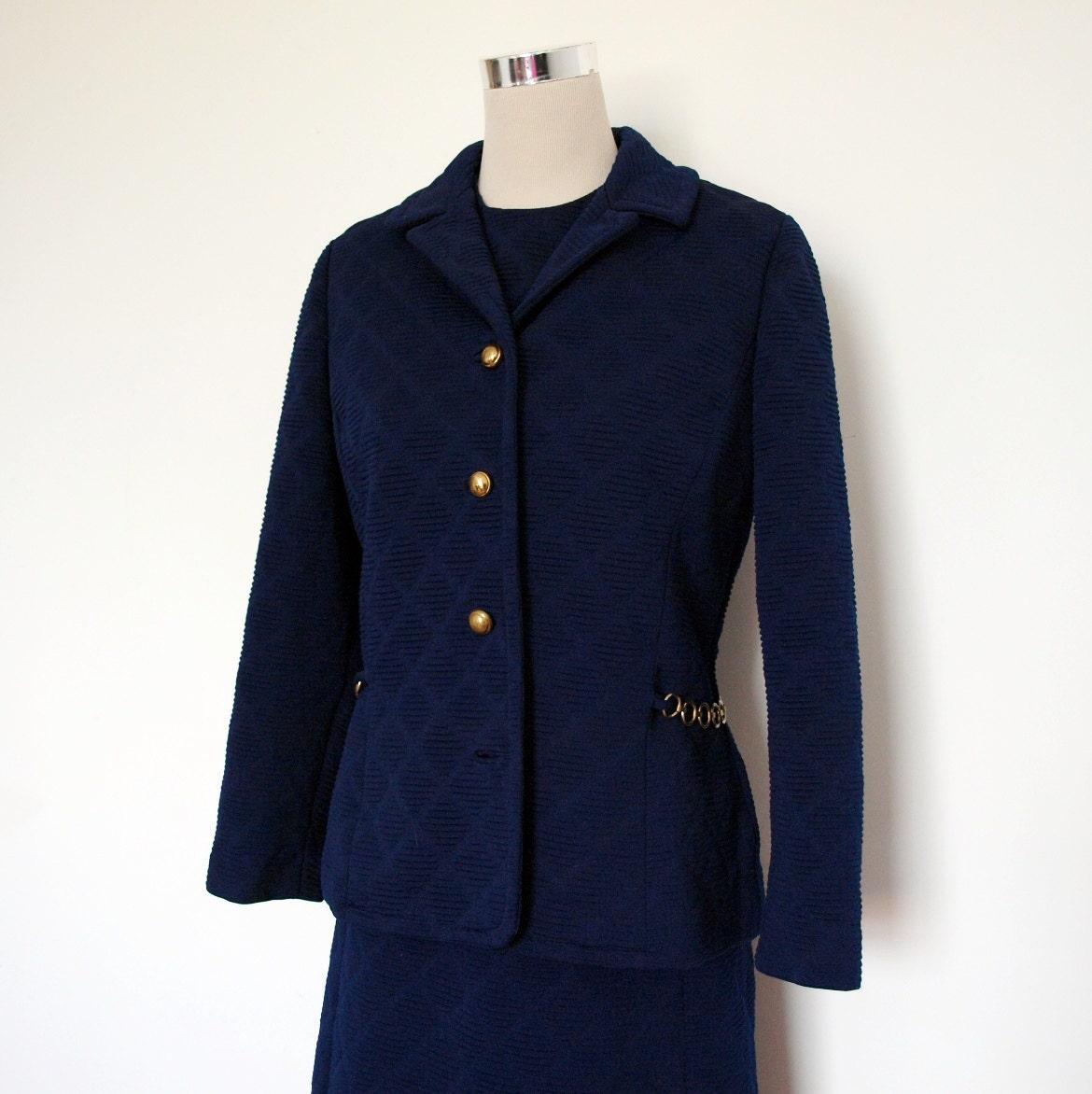 60's suit. Rona New York by Patrick Porter. 60's navy sheath dress. Matching jacket with gold chain and buttons.