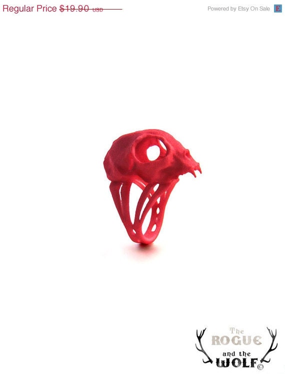 CLEARANCE SALE - Red Cat Skull Ring, Kitten skull ring, Cat Lovers, Modern animal ring, gift for the cool girlfriend, animal skull ring, an