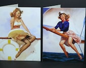 Nautical PinUp Sailor Girls Windy Day Gil Elvgren Mini Note Cards set of 2