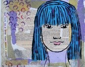 Mixed media  original collage, woman's face, poetry, turquoise, stenciled,  decorative papers,OOAK