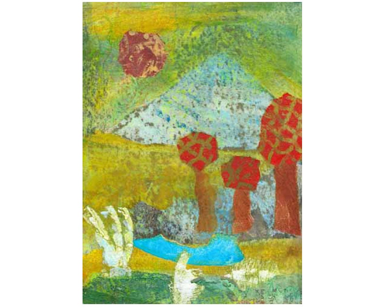 Oasis with Red Trees small mixed media original