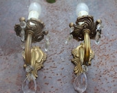 Pair of Vintage French small sconces, bronze with crystal drops