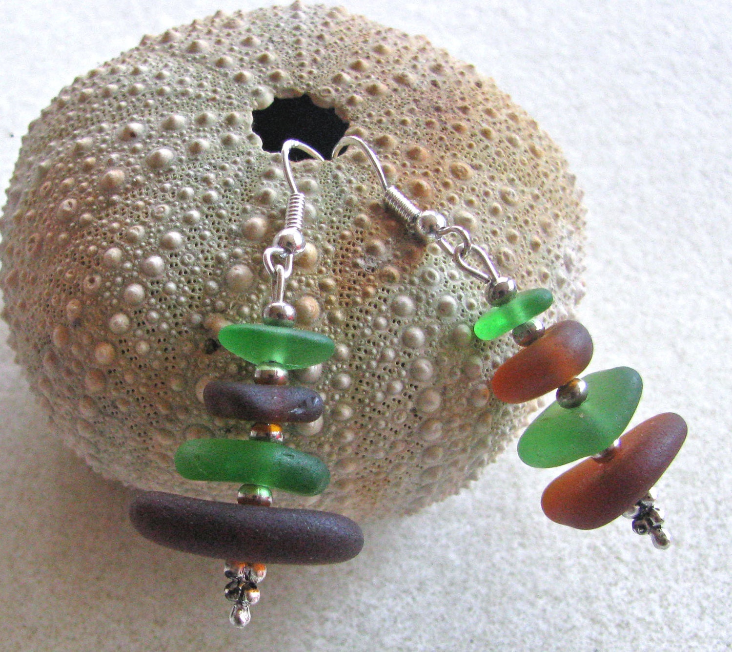 Stacked Green and Brown Sea Glass Earrings with Sterling Silver.