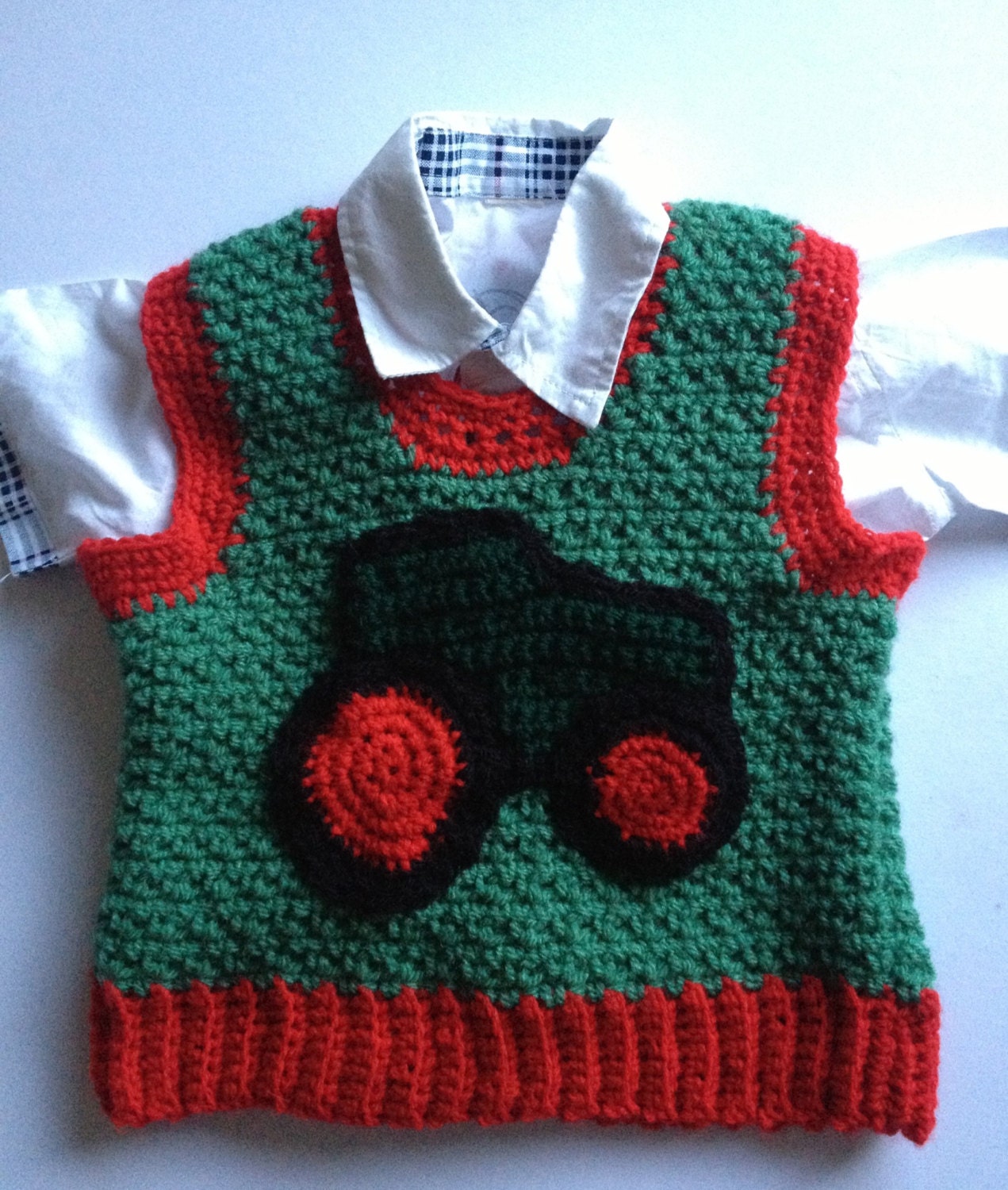 Red,green aran Baby,boys,toddlers handmade crocheted/knitted sweater vest jumper with tractor,monster car,vehicle,appliqué little man.