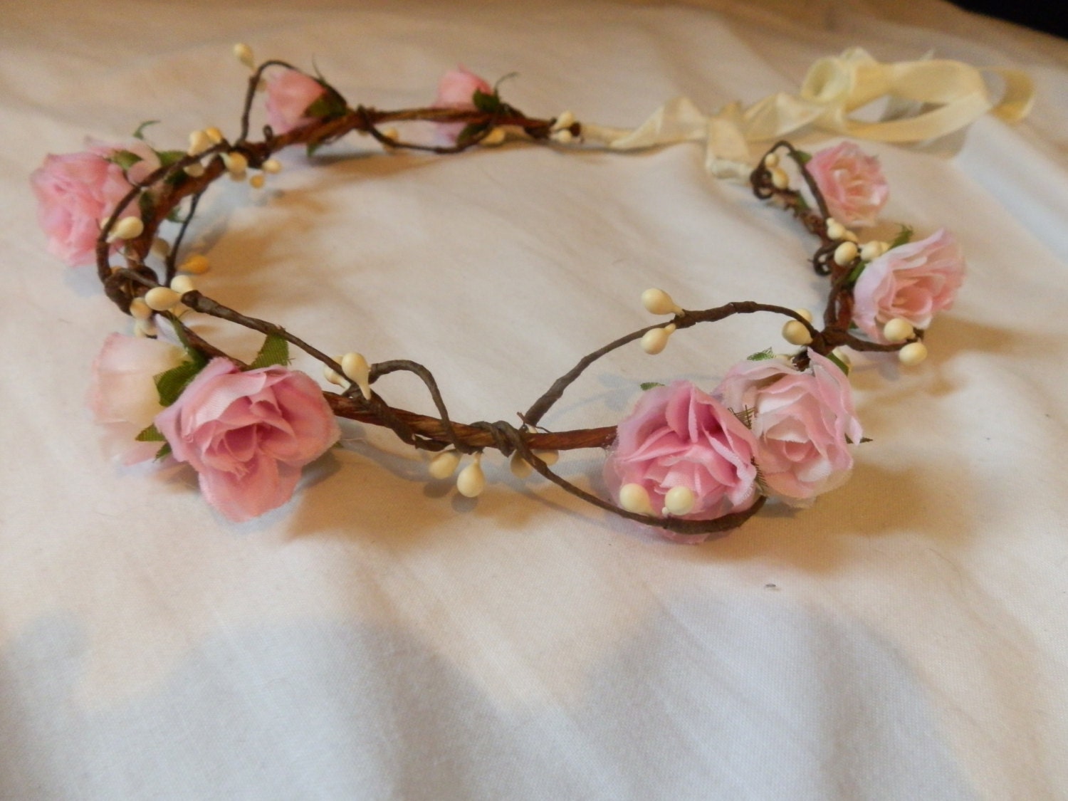 Woodland flower hair wreath (pastel pink white rose) - Wedding headpiece, headband, vintage inspired rose crown, french ribbon pip berries