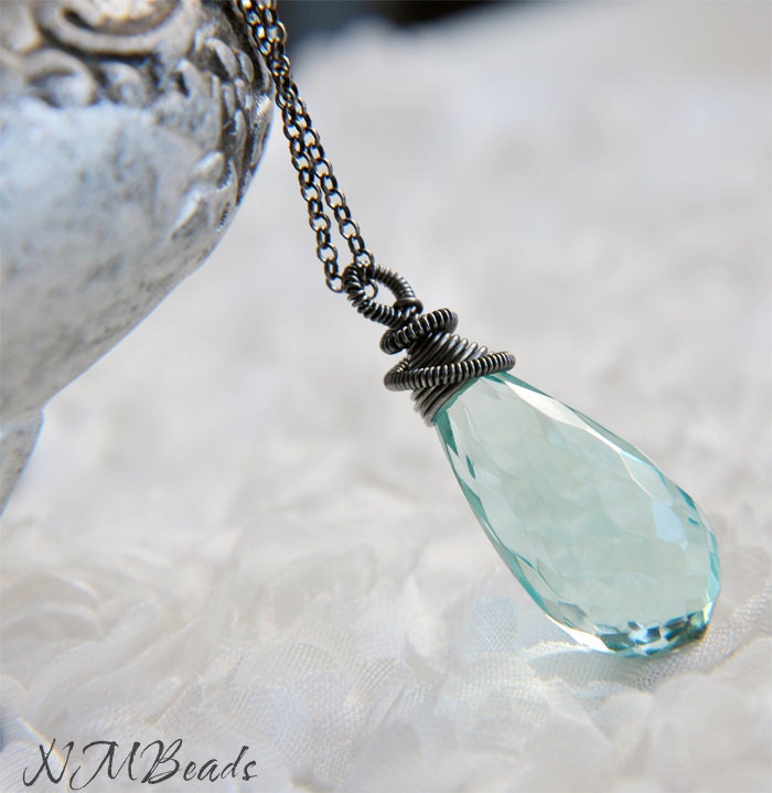 Teal Blue Quartz  Necklace, Oxidized Sterling Silver, Wire Wrapped  Large  Aqua Blue Faceted Quartz Briolette, Gemstone Jewelry