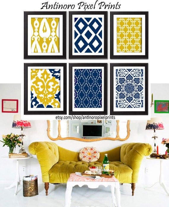 Navy Dark Yellow Vintage Modern inspired Art Prints Collection  -Set of (6) - 8x10 Prints - (UNFRAMED)