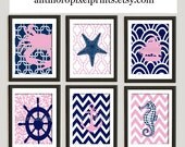 Nautical Digital Nautical Beach House Prints Navy Blue Wall Art-Set of (6) -8x10 Prints -  (UNFRAMED) Custom Colors and sizes Available