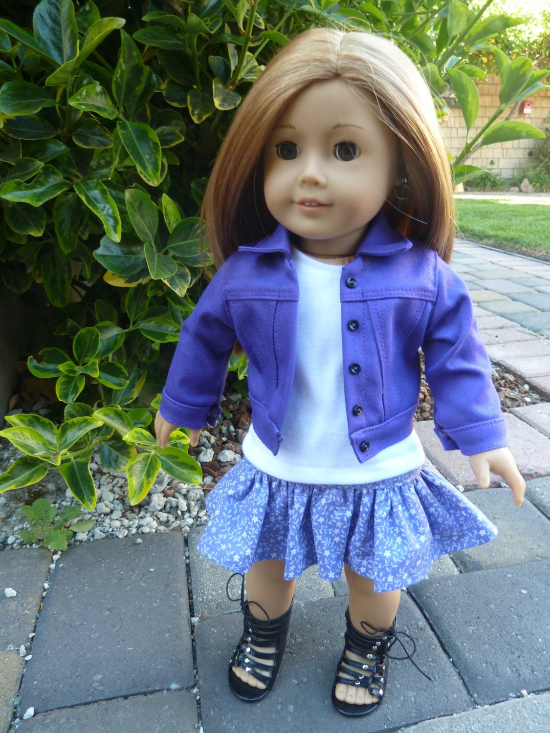 American Girl Doll Clothes - On the Go in Purple 3 piece outfit includes purple denim jacket, tshirt and ruffled skirt