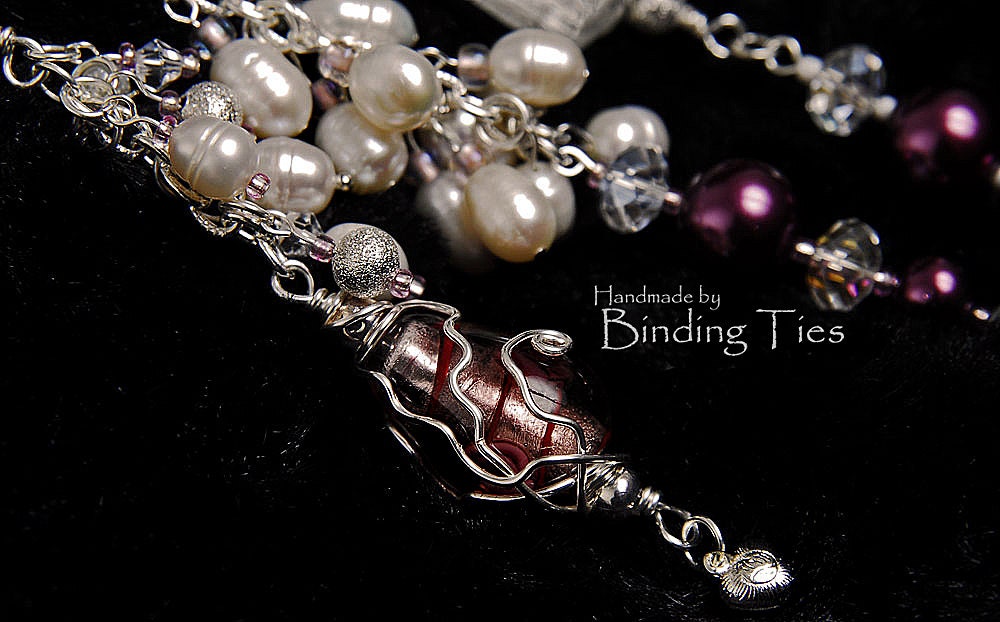Handfasting cord in cream and vintage pinks and purples, with freshwater pearls, wire wrapped glass beads and Swarovski crystals