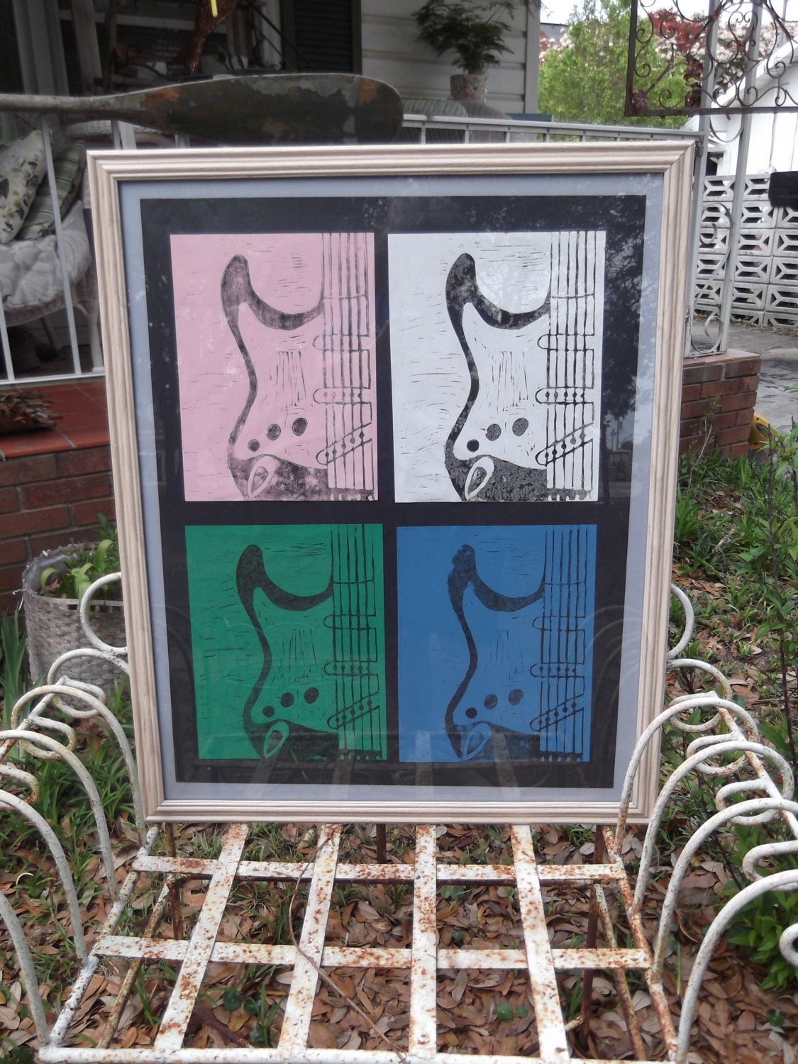 OOAK  quitar art, music art, handmade stamp guitar. framed original guitar art, folk art