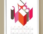 Calendar poster 2013, Mid century style print A3, browns, blues and reds