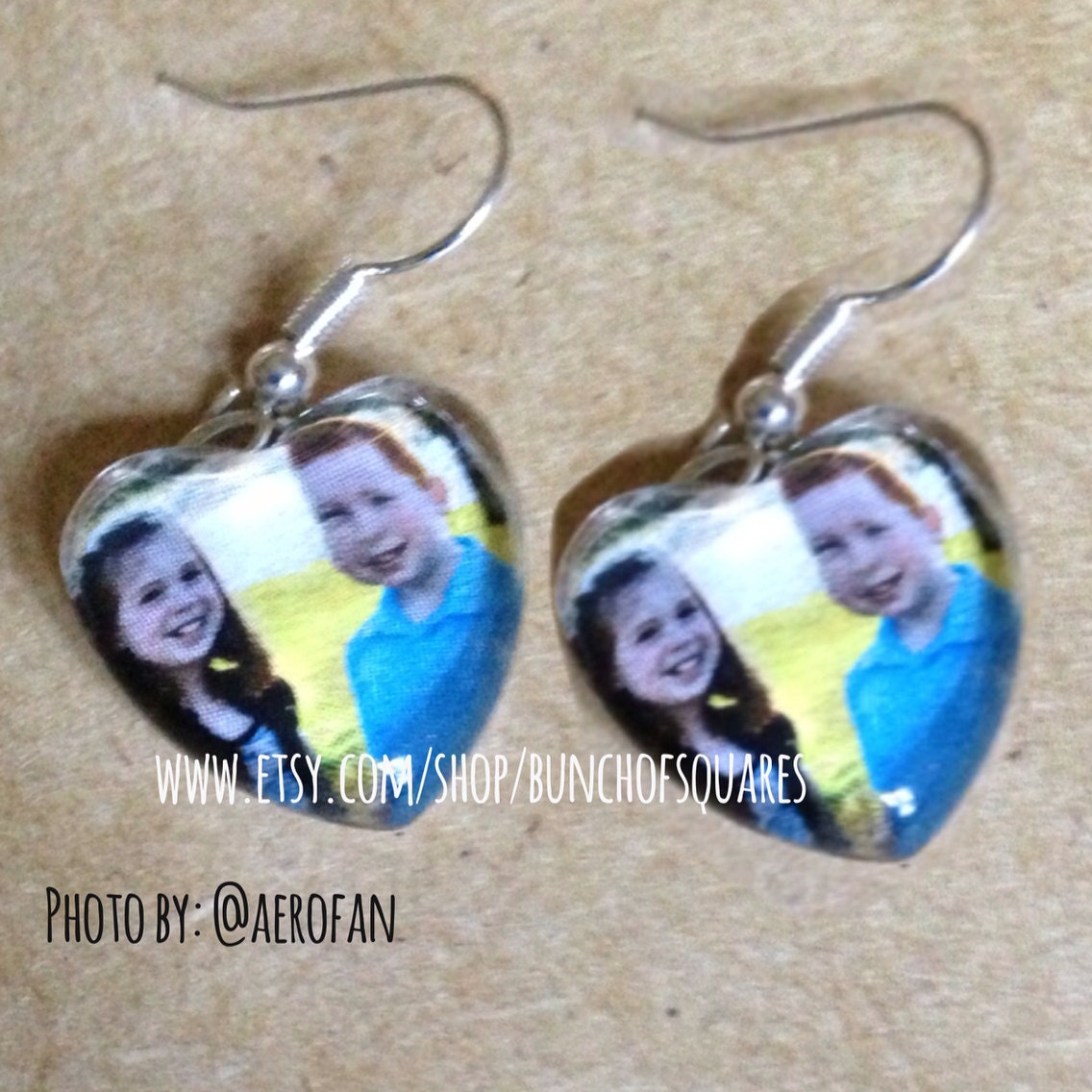 Instagram custom  photo earrings (heart shaped)  from your pics or kids artwork (1 pair) these are samples but this design can be used