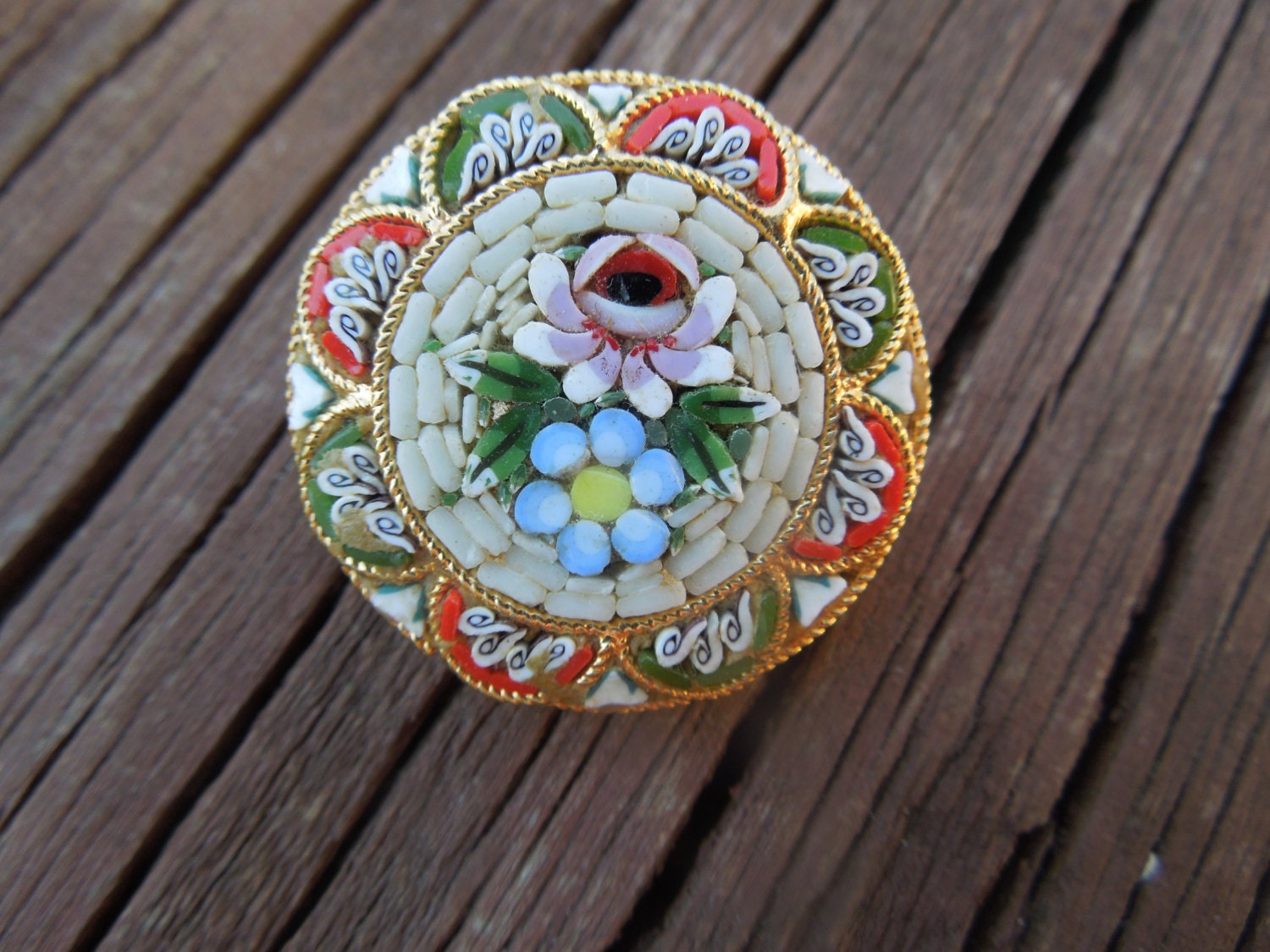 Vintage Mosaic Brooch, Made in Italy, Estimated 1930s, From Estate.  Intricate Detail