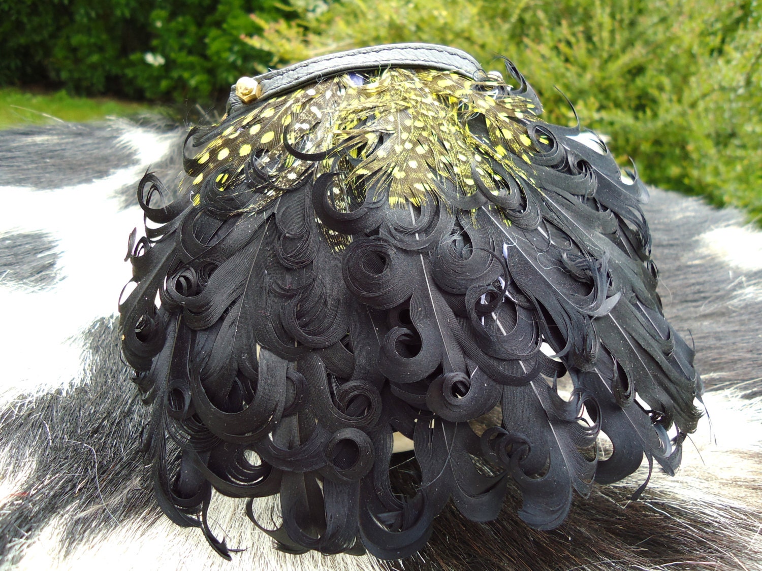 Couture dog collar. Slim superior quality soft calf leather with black and yellow curl feather drop.