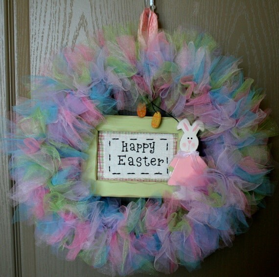 Happy Easter Bunny Rabbit Tulle Wreath By Luceaccents On Etsy