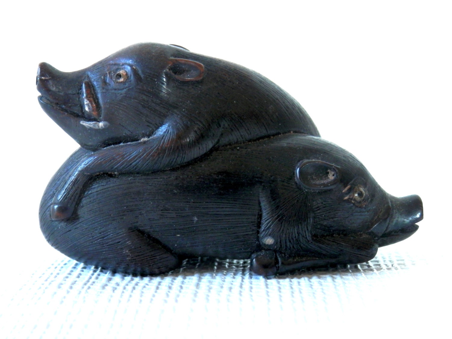 Early 19th Century Pair of Wild Boar Netsuke Carved Wood