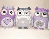 Organic Owl, Owl Pillow, Stuffed Animal  Softie  Unisex Grey White Purple / Al Heart Owl Pillow - HET -