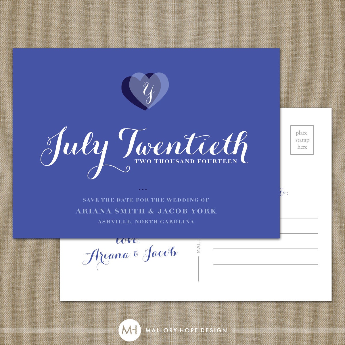 Two Hearts Modern Personalized Wedding Save the Date Postcard - CUSTOMIZE Colors and Content - Digital Design File