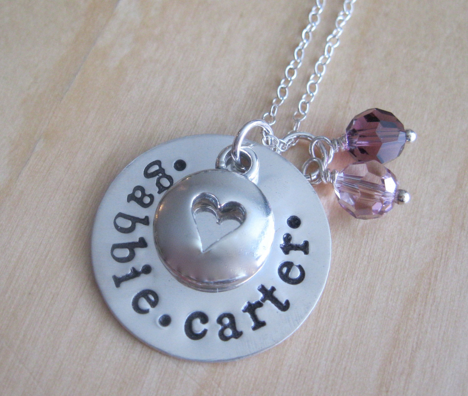 Personalized Jewelry - Hand Stamped Mothers Necklace - Sterling Silver Name Disc with Heart Charm and Birthstones