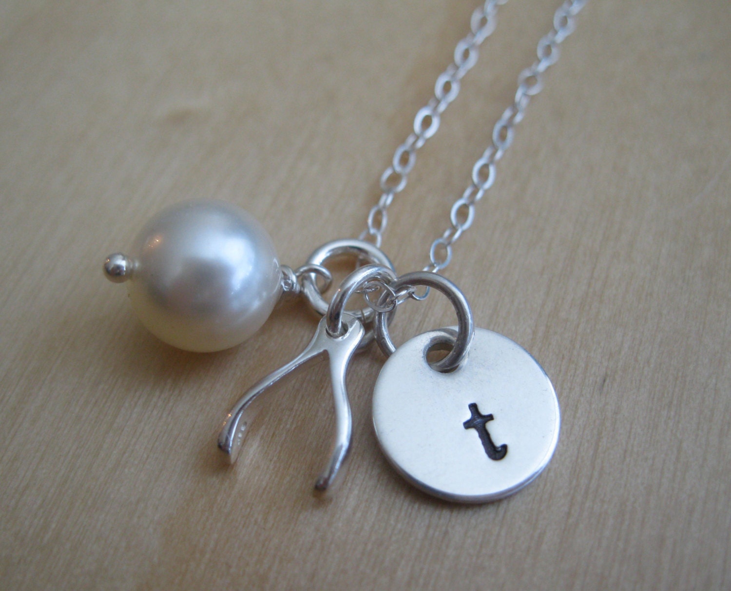 Wishbone Sterling Silver Necklace - Personalized Hand Stamped Initial with Wish bone Charm and a Pearl