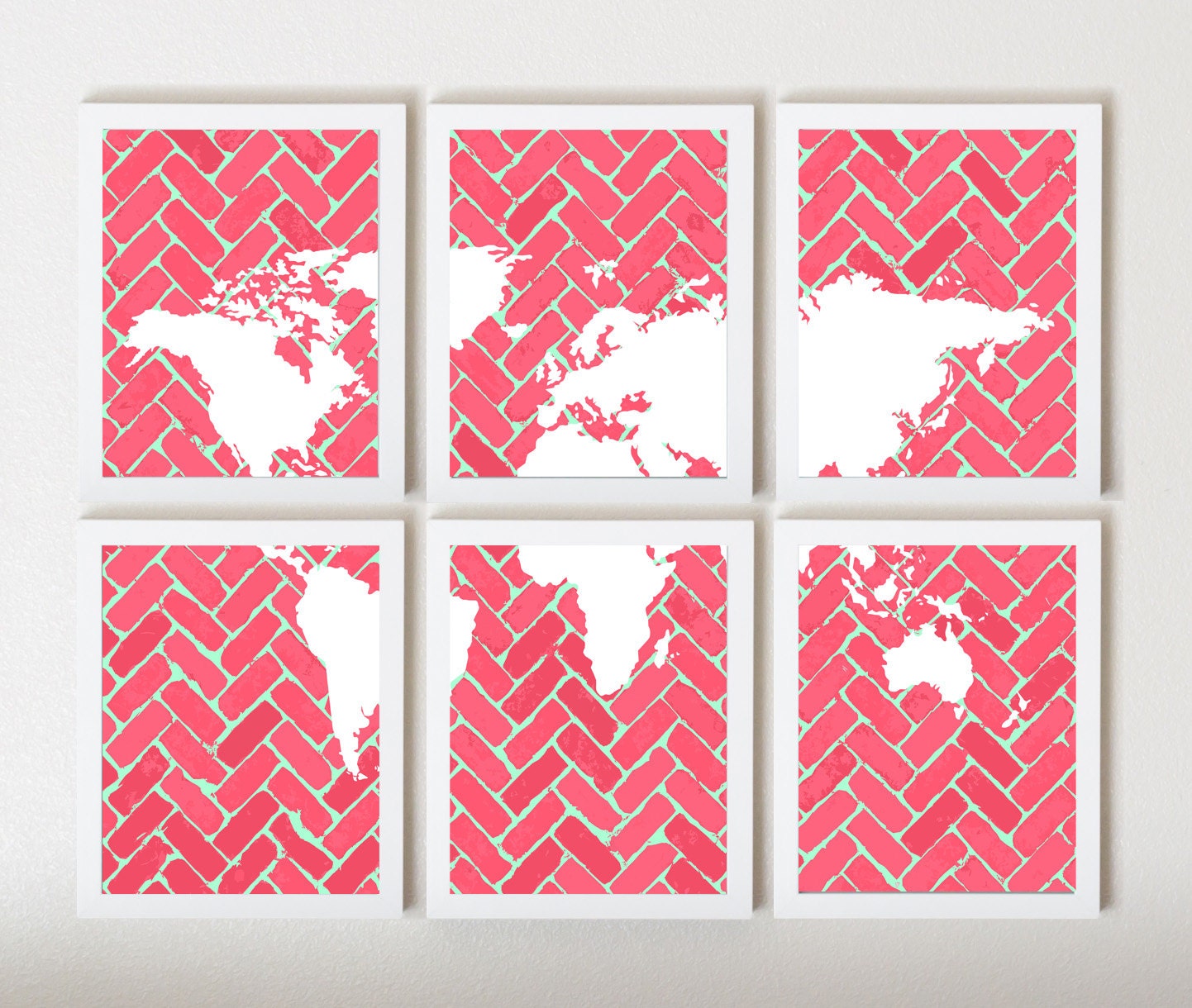 World Map on Chevron In Pink & Mint in 6 Pieces
