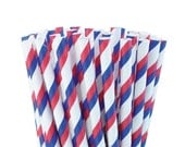 25 Dark Red and Blue Duo Striped Paper Straws with handmade scalloped white paper flags