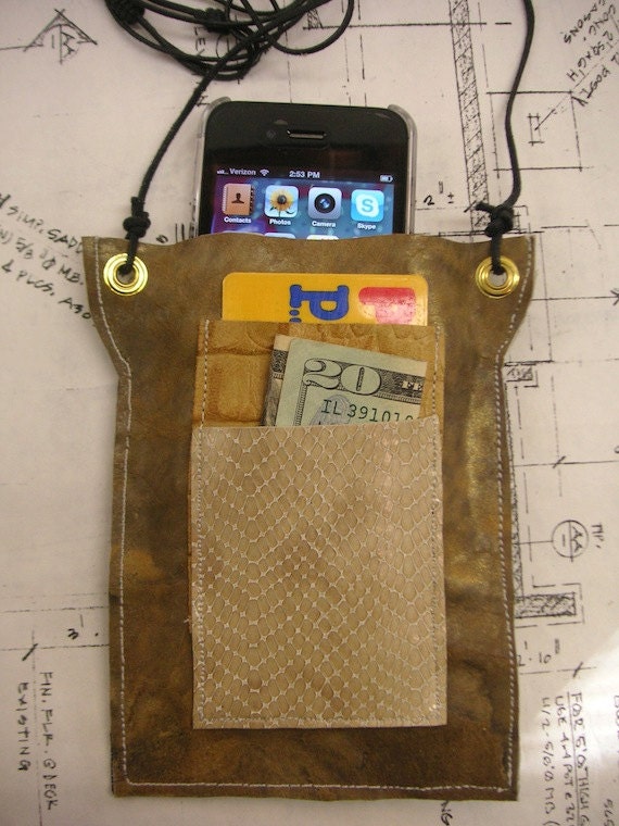 Iphone 5 wallet,  Wallet, Case,  brown Leather, metallic, Gold,waist bag, Droid,wallet, card case. smart phone,upcycled, OOAK