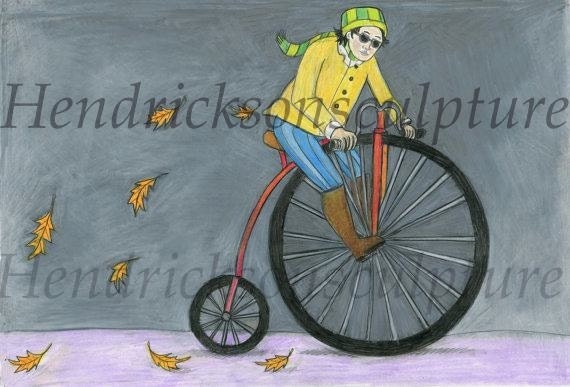 Woman riding old style bike. 11 X 14"  signed/matted print