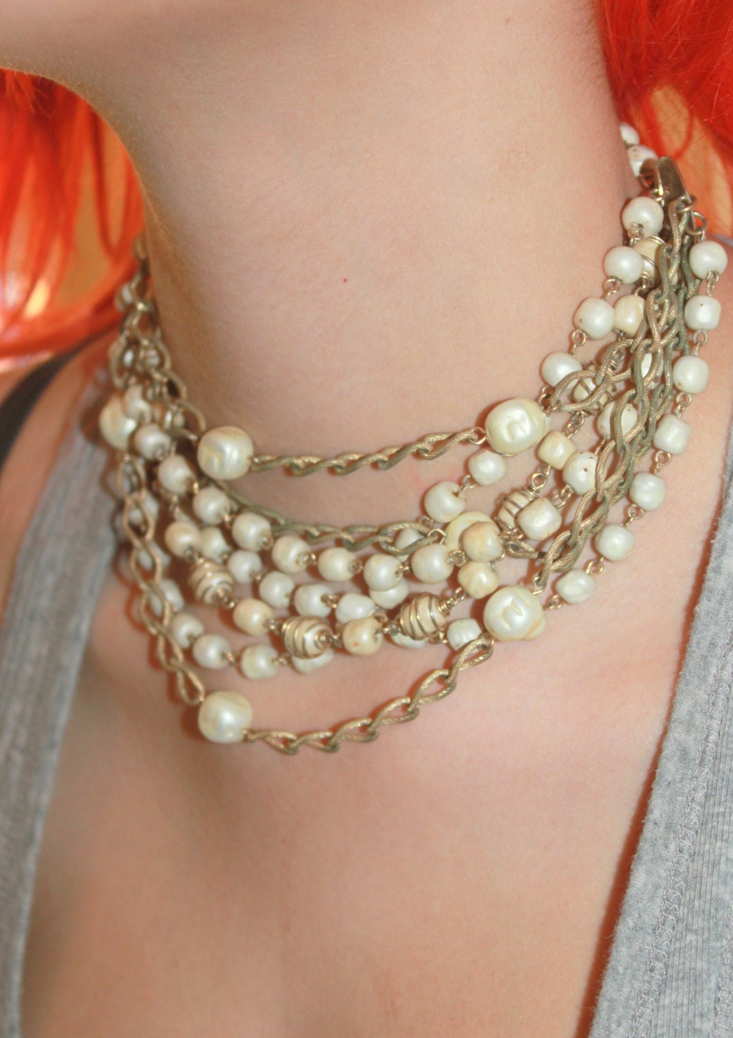 Mid Century 11'' 1950s Faux Pearl Golden Chain Choker