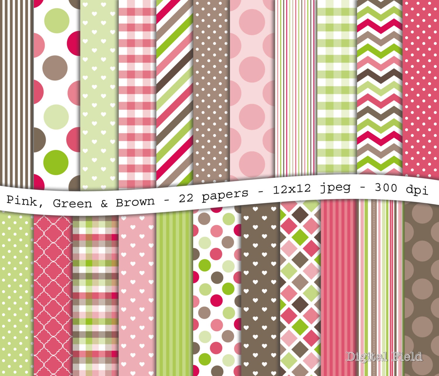 INSTANT DOWNLOAD Pink, Green & Brown digital scrapbooking paper pack - 22 printable jpeg papers, 12x12, 300 dpi