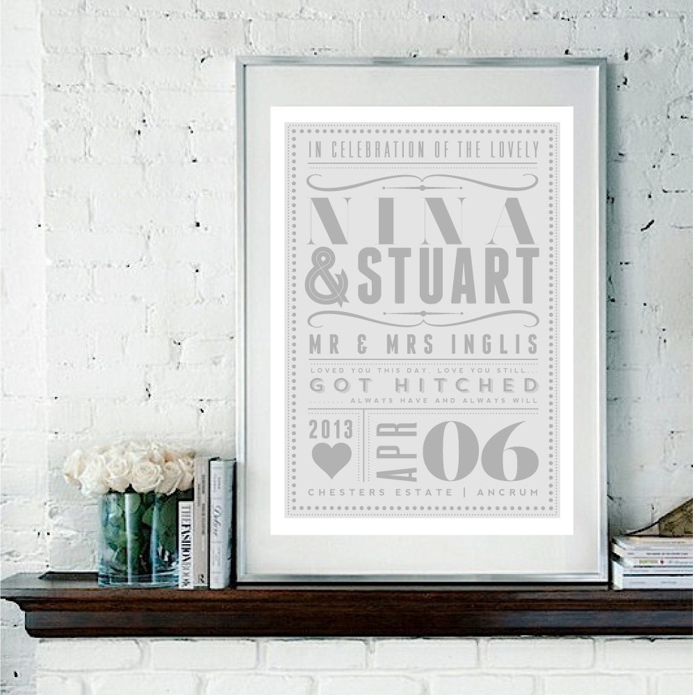 A4 Size - Personalized Wedding Married Couple Love Giclee Art Print - Vintage Typography - Marriage Personalised Custom Gift Present UK