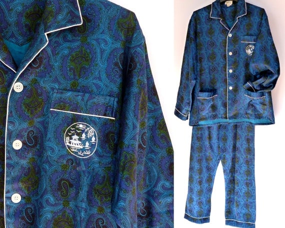 Buy mens satin sleepwear - Vintage Satin Pajamas - Men's  PJ Set -- Blue Paisley Rayon Cotton -- XXL - 52
