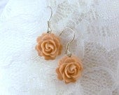 Peach Rose Earrings, Peach Rose Dangle Earrings on Silver Earwires