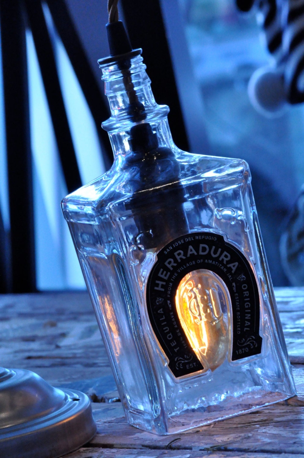 Recycled Wine Herradura Whiskey Liquor Tequila Hanging Bottle Light Pendant Lamp with Vintage Light bulb - Gifts For Guys