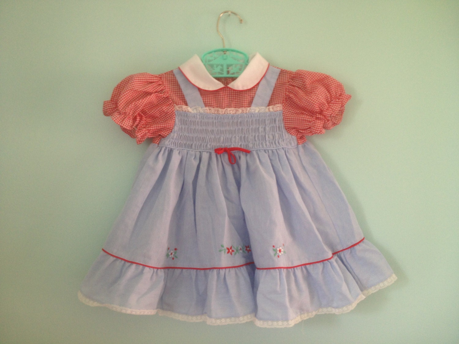 Vintage Red White Blue Gingham Country Pinafore Dress with Smocking 2T