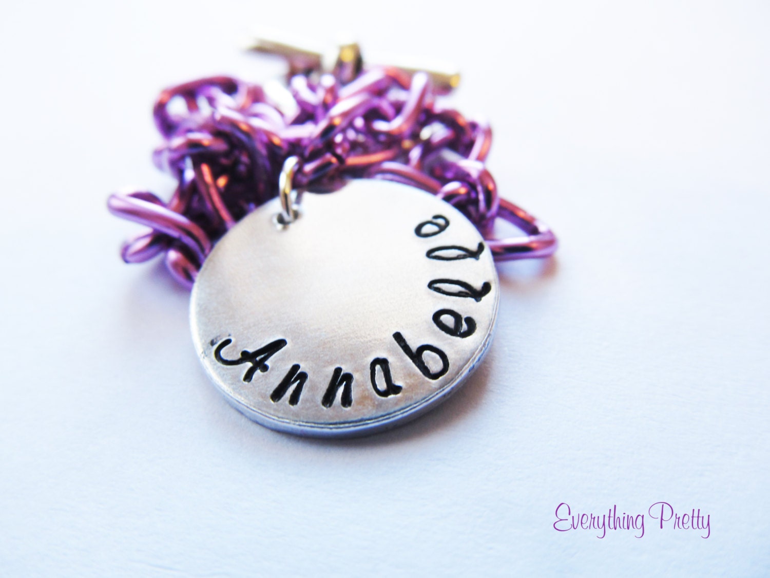 Personalized Purple Charm Bracelet - Purple aluminum chain with custom hand stamped charm