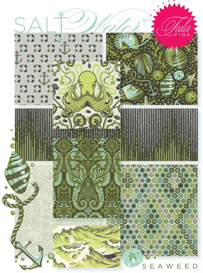 TULA PINK Salt Water Collection in Seaweed--Fat Quarter BUNDLE--8 FQs