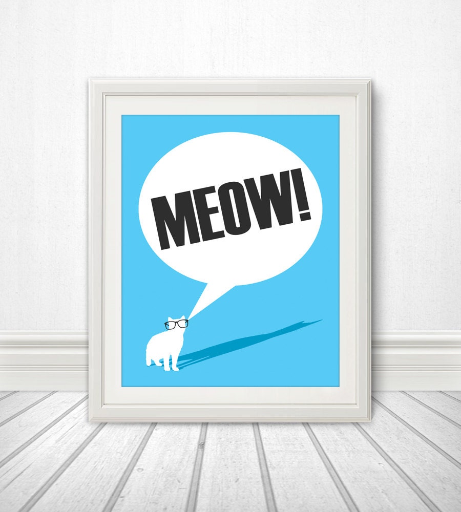 Meow, Cat Wearing Glasses, Cat Shadow, Cat Print, Cat Art, Cat Poster, Cat Sign, Cat Quote - 8x10 - BentonParkPrints
