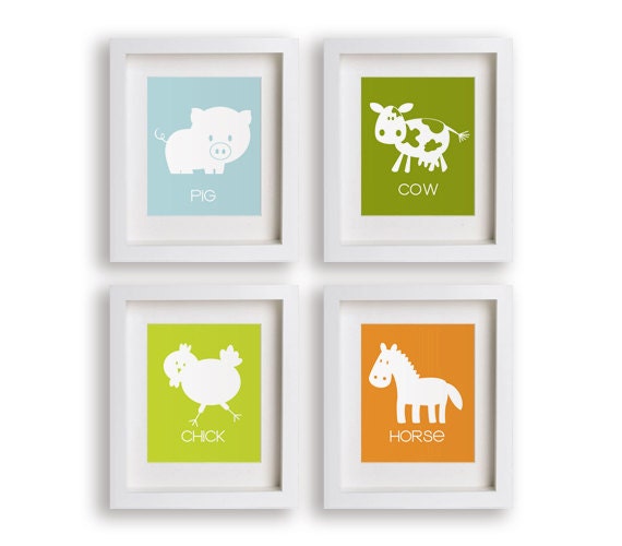 Farmer In The Dell - Set of Four 5x7 Farm Animal Prints - Baby's Nursery Decor, Room Decor, Wall Art, Children's Wall Art, Playroom Decor