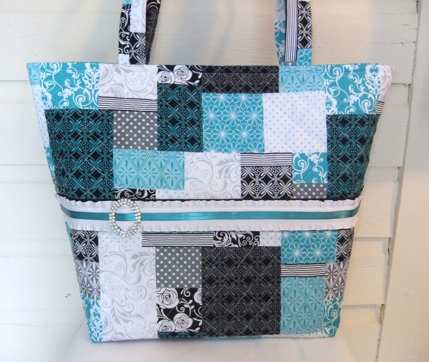 Aqua Black Grey Patchwork / Damask Purse / Tote / Diaper Bag