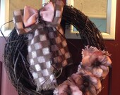 Grapevine Wreath with Pale Pink Felt Flowers and Checkered Bow