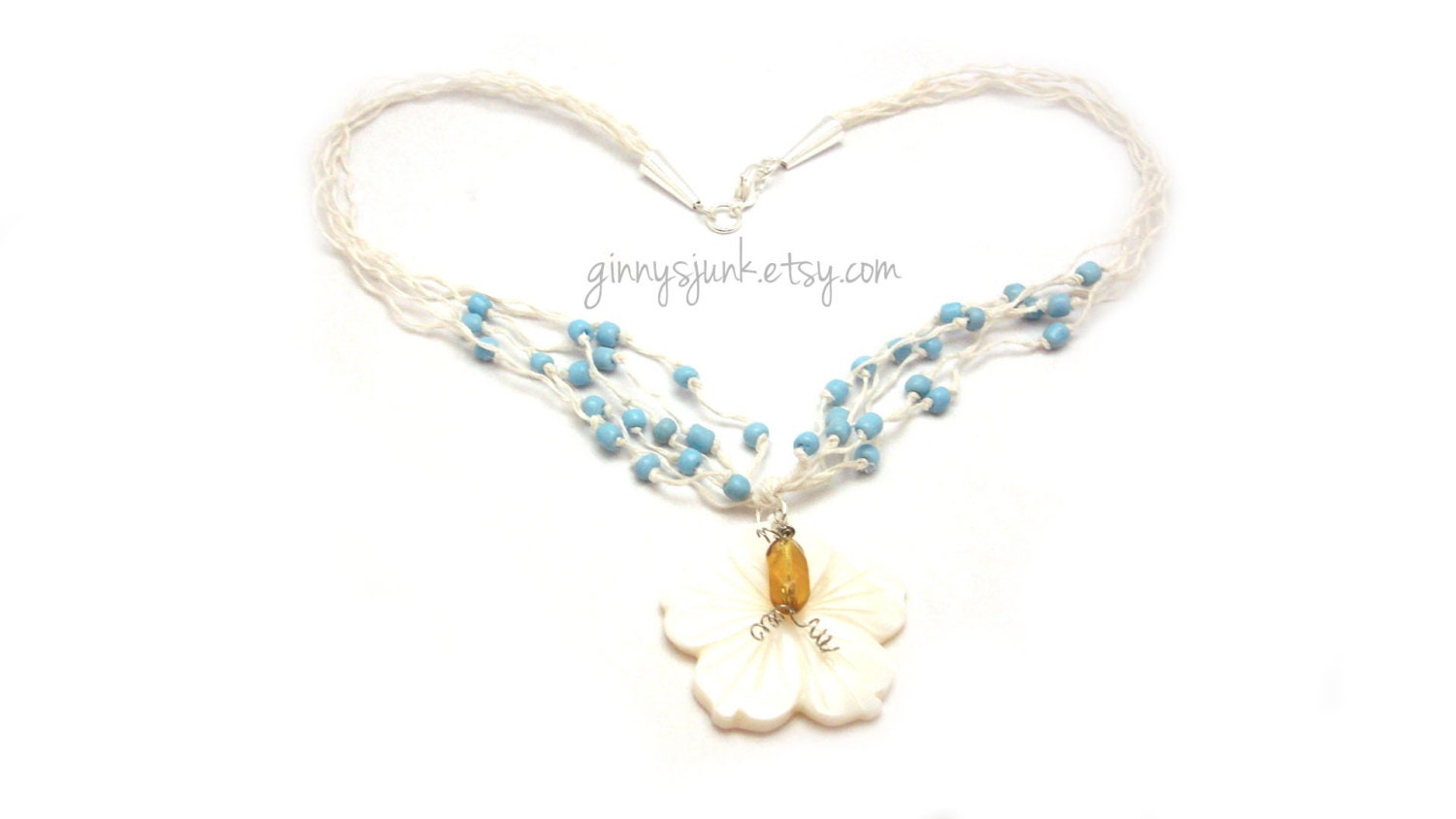 Hemp Necklace with Hibiscus Flower Pendant - Bead Work - Mixed Media Jewelry - Gifts for Her - Island Jewelry