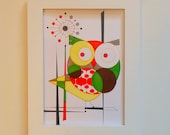 Mid Century Modern Owl, Atomic Design, 5x7 print, Palm Springs Owl,   Minimalist yet Bold design, Original Painting