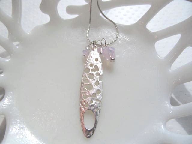 Necklace abstract charm in matt silver tone, opal pink crystals