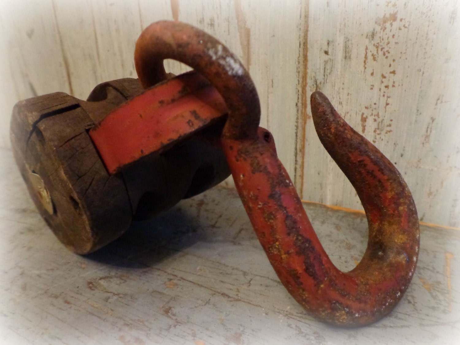 antique double wheel wooden pulley / cast iron red hook / modern farmhouse primitive / home & garden / urban loft