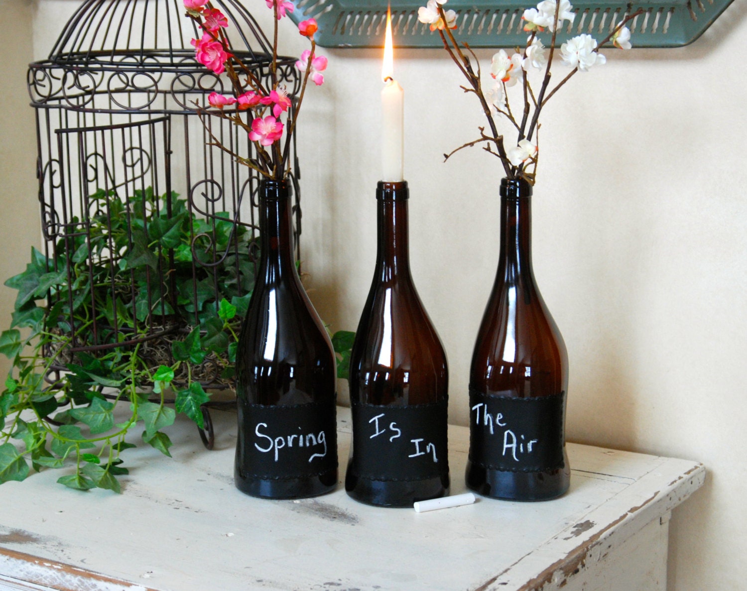 Set of 3 UNIQUE Wine Bottle Candle Holders/Vase with Chalkboard Label