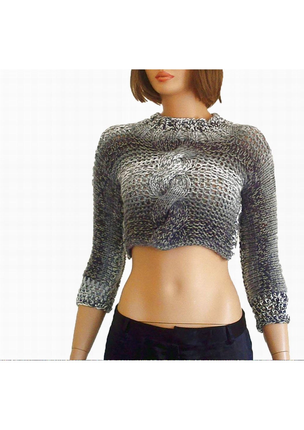 OOAK Cable knit cropped chunky sweater - shrug - bolero, round neck , 3/4 seeved, sexy, in grey shades, winter fashion