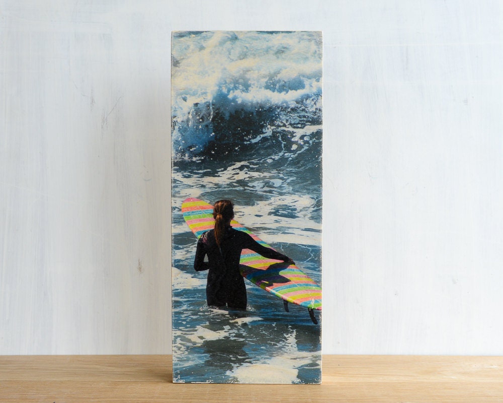 Surfing Image Transfer on 6"x14" Wood Panel,  'Rainbow Board' by Patrick Lajoie Photography - surf culture, california