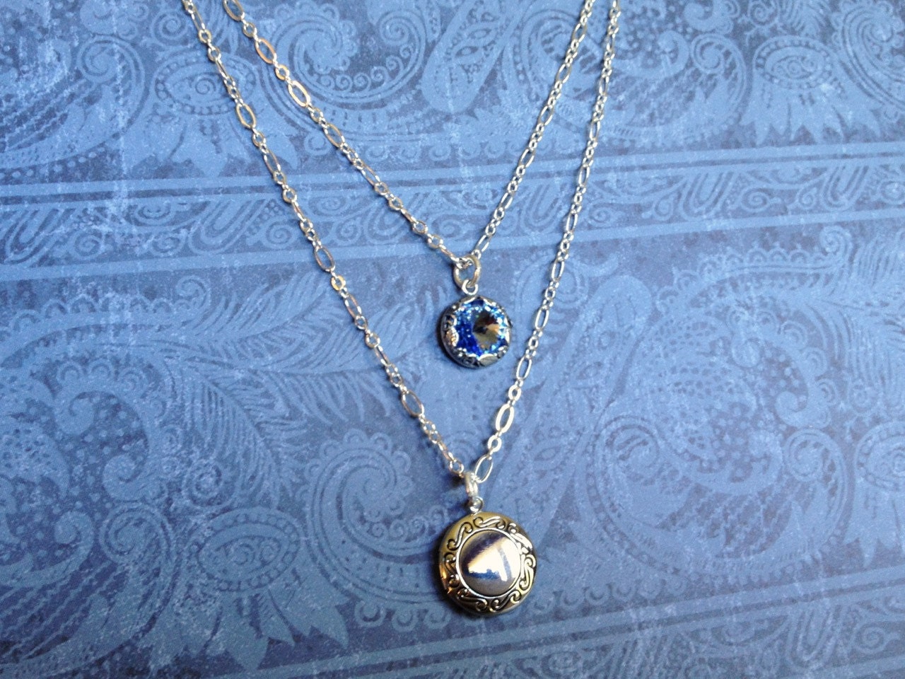 Locket & Sapphire Blue Crystal Double Necklace